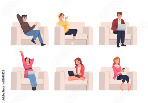 People Character with Digital Device Suffering from Internet Addiction Vector Set