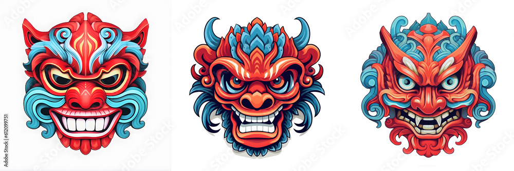 Mask design in traditional balinese motifs, indian mask, colorful cartoon, dynamic and exaggerated facial expressions on white background. Generative ai. Mask design in traditional balinese motifs, indian mask, colorful cartoon, dynamic and exaggerated facial expressions on white background. Generative ai.