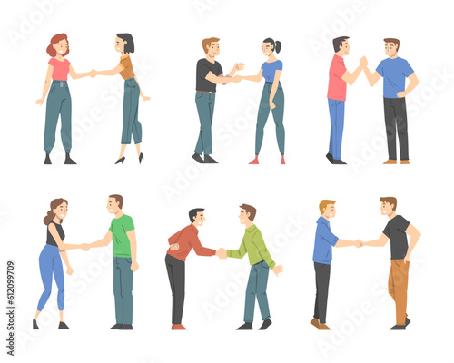 People Character Shaking Hand as Brief Greeting or Parting Tradition Vector Set