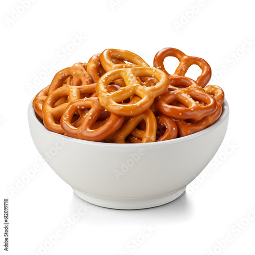 Salted pretzels in bowl isolated on transparent or white background, png