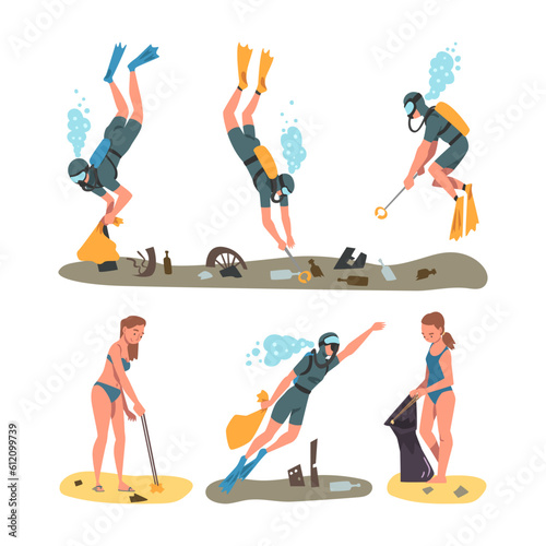 People Character Collecting Trash and Gathering Garbage from Beach Vector Set