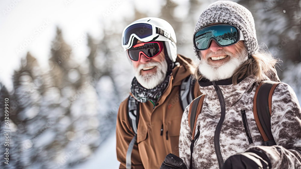 Fototapeta premium Happy mature couple skiing in the Alps mountains. Senior man and woman enjoying ski vacation in alpine resort. Active retirement. Healthy winter sport for every age. Generative AI