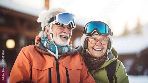 Happy mature couple skiing in the Alps mountains. Senior man and woman enjoying ski vacation in alpine resort. Active retirement. Healthy winter sport for every age. Generative AI © PaulShlykov