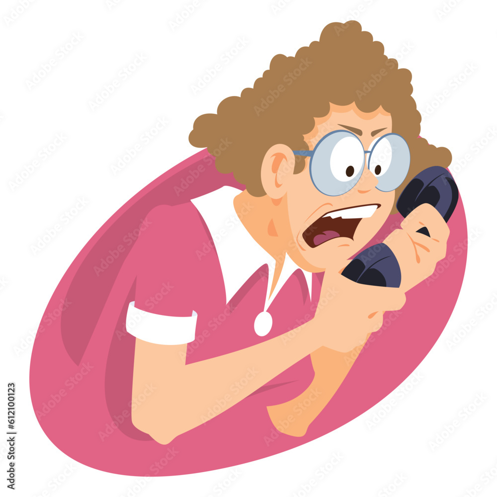 Girl swears into phone. Illustration for internet and mobile website.