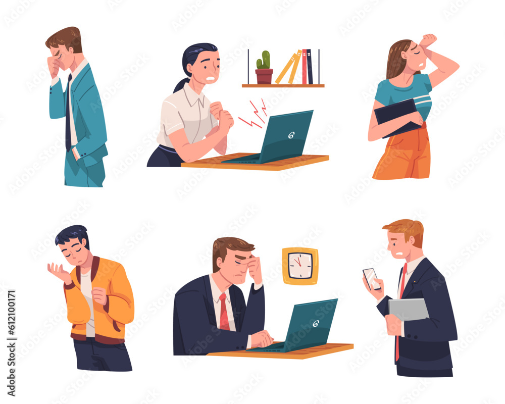 Young Busy Man and Woman Character in Stress Feeling Tired and Exhausted Sitting at Laptop Vector Illustration Set Young Busy Man and Woman Character in Stress Feeling Tired and Exhausted Sitting at Laptop Vector Illustration Set