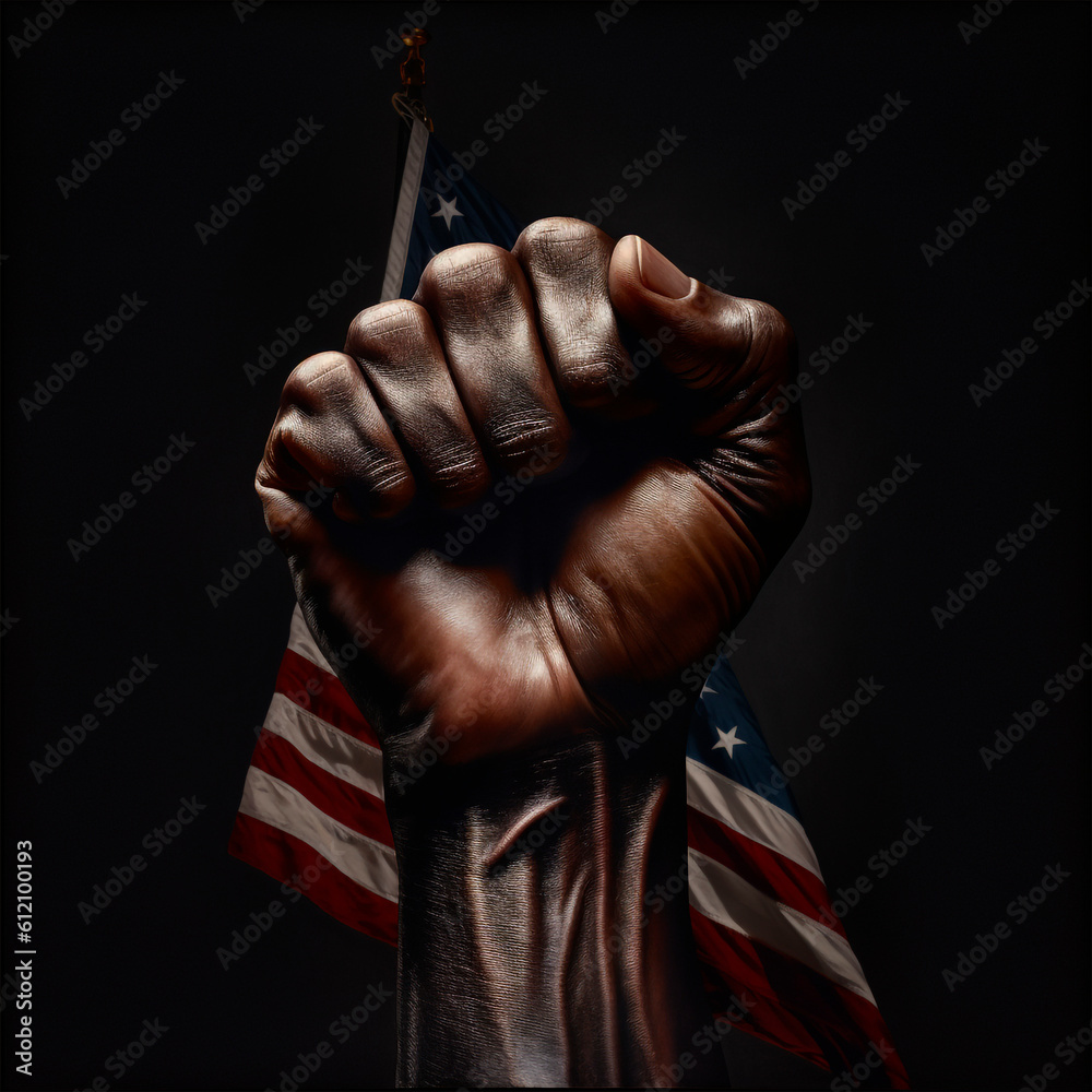 A black hand fist raised in solidarity, accompanied by the vibrant colors of the United States flag, Generative AI A black hand fist raised in solidarity, accompanied by the vibrant colors of the United States flag, Generative AI