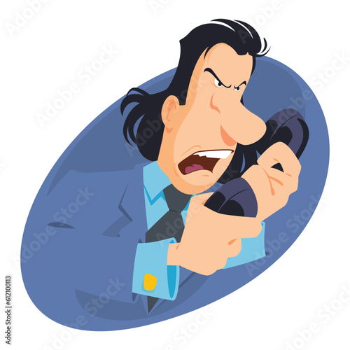 Man swears into phone. Illustration for internet and mobile website.