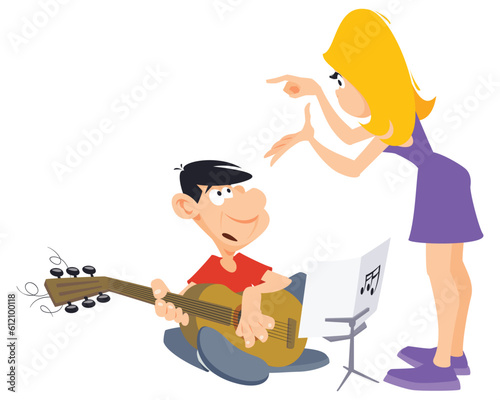 Girl scolds guy with guitar. Illustration for internet and mobile website.