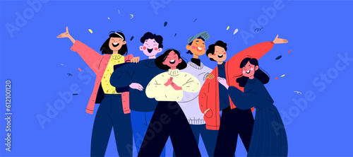 A company of multicultural colleagues. A happy team of friends. Bright colors in on-trend illustration. Flat with the black line. Entrepreneurs standing in cajoling clothes. 