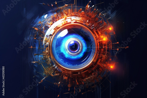 Bright blue digital high-tech eye. Mixed reality fantasy future technology concept. Abstract background. Concept of artificial intelligence