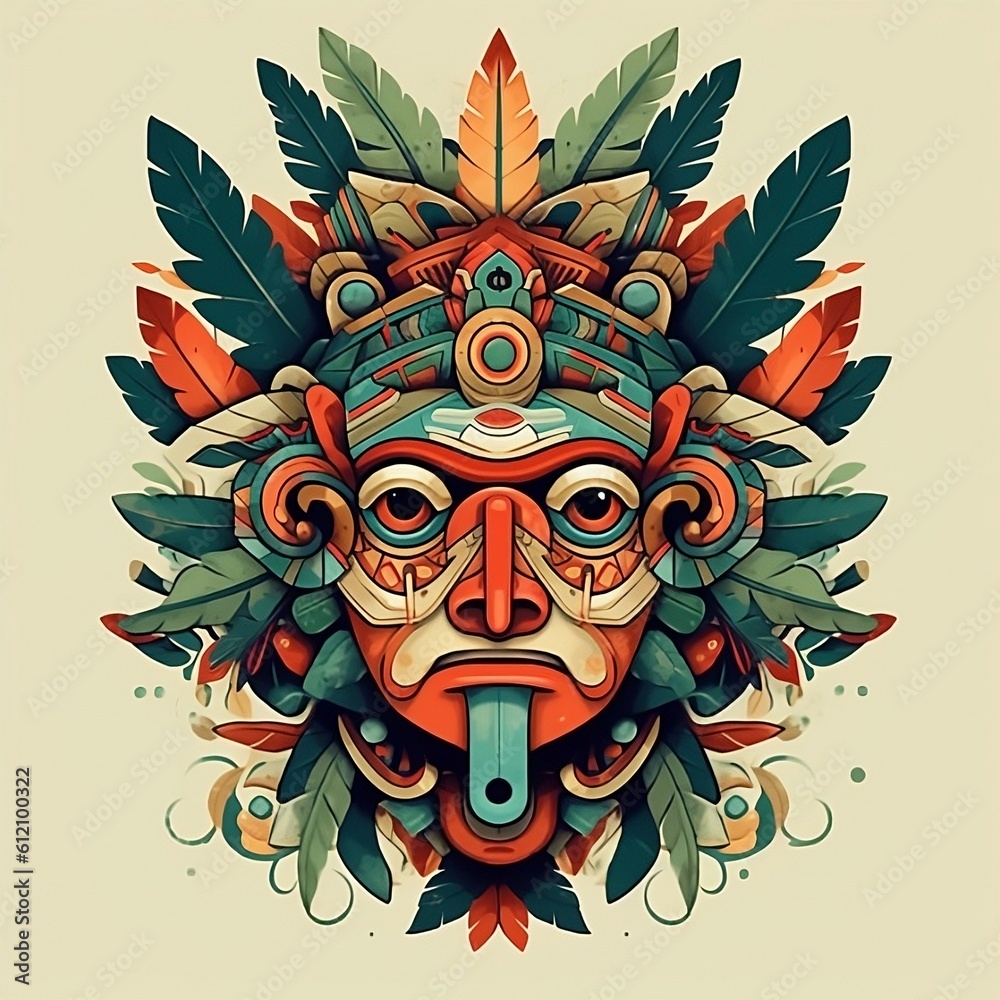 Ethnic tribal mask illustration. Colorful face mask with feather leaves and tattoo. Generative AI
