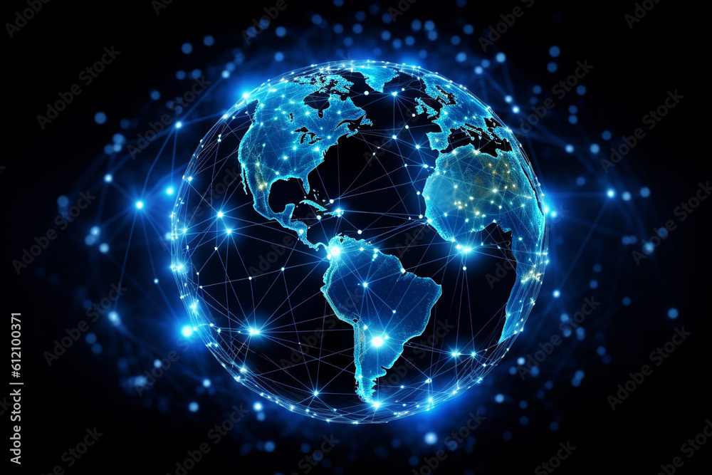 Dark blue high tech planet earth hologram. Global communication technology and telecommunication network. Dark blue high tech planet earth hologram. Global communication technology and telecommunication network.