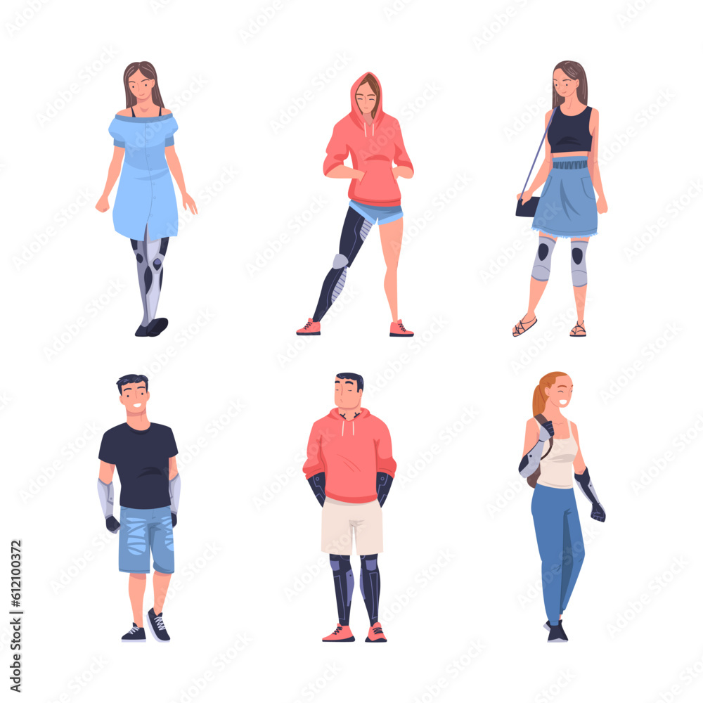 Obraz premium People Character with Robotic Body Parts or Prosthesis Functioning Vector Set