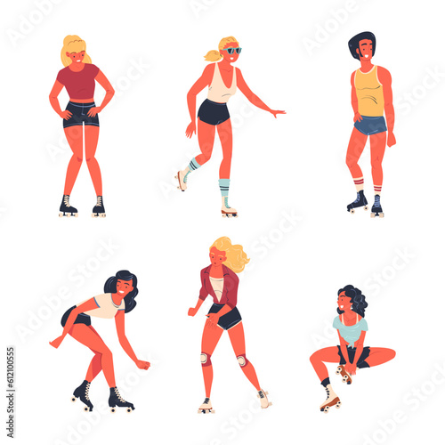 Retro Dressed People Roller Skater Roller Skating and Smiling Vector Set