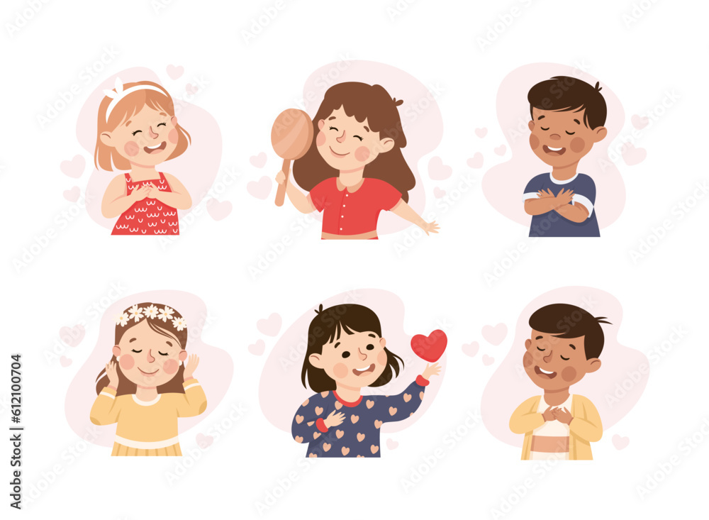 Self-love with Children Admiring Themselves Loving Their Appearance Vector Set Self-love with Children Admiring Themselves Loving Their Appearance Vector Set
