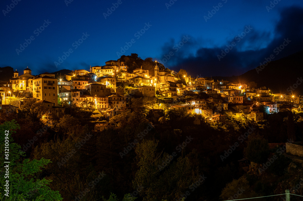 Mountain village Dimitsana in the mountains of Peloponnese in Greece at night
