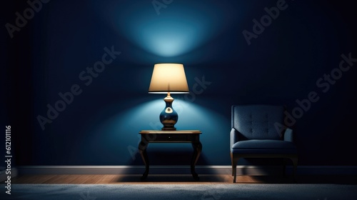 Navy room interior blue wall with a sofa and lamp light Generative AI Illustration