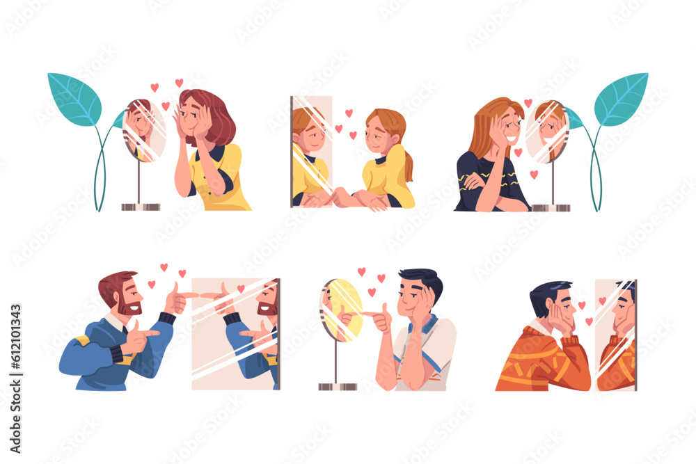Self Love with People Character Admiring Themselves Look in Mirror Delighted with Appearance Vector Set Self Love with People Character Admiring Themselves Look in Mirror Delighted with Appearance Vector Set