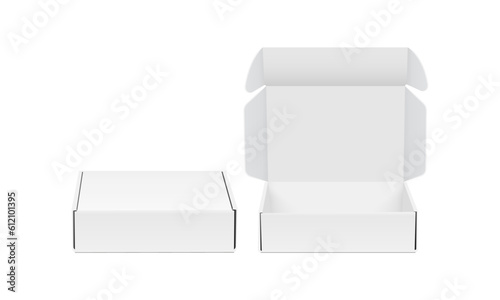 Blank Packaging Boxes, Opened, Closed, Front View, Isolated on White Background. Vector Illustration