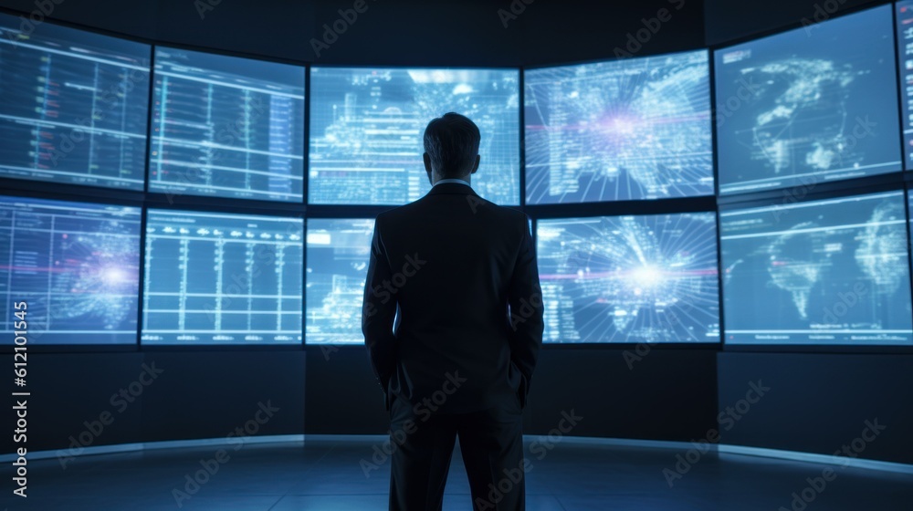 male businessman looking at charts monitor world map business concept on dark blue background generative ai male businessman looking at charts monitor world map business concept on dark blue background generative ai