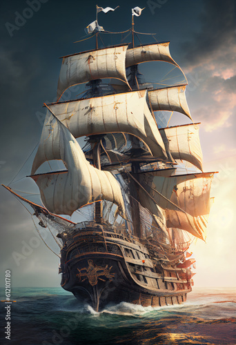 Fotografia Photorealistic pirate schooner or sailing ship in 16th-17th century style the sea