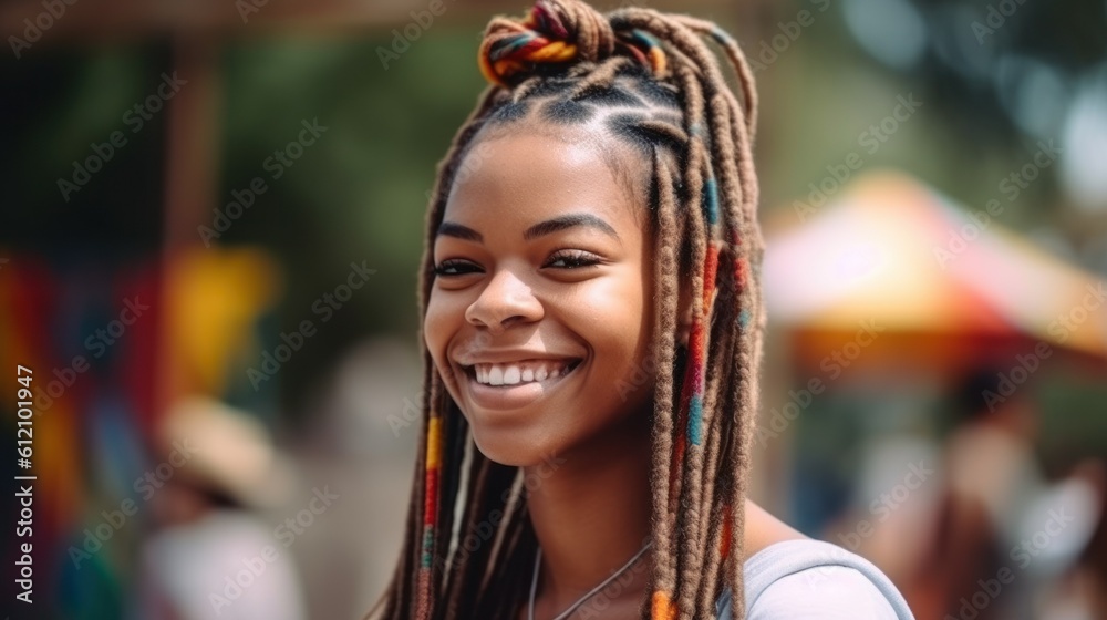 horizontal portrait of young african smiling girl with African colored braids on the background of a summer park generative ai