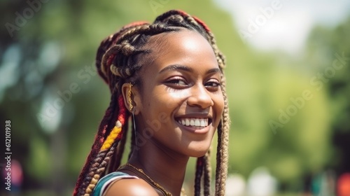 horizontal portrait of young african smiling girl with African colored braids on the background of a summer park generative ai