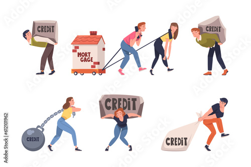 Severity of Mortgage with People Carrying and Pulling Heavy Burden of Credit Vector Set
