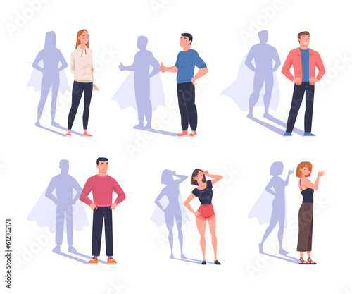 Shadow of Superhero with People Character Standing and Smiling Vector Set