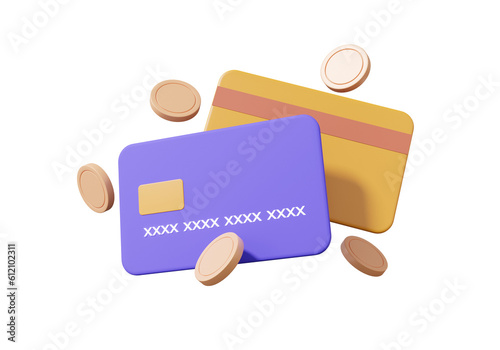 3D online payments credit or debit card concept. coins floating on isolated background. money transfer. financial transactions. cartoon minimal style. 3d rendering illustration