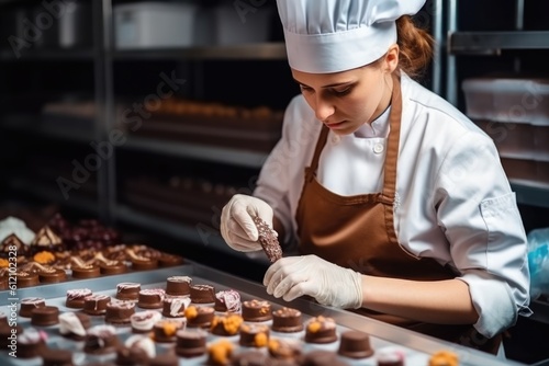 female master chef chocolatier working in artisanal professional chocolate laboratory, AI Generative photo