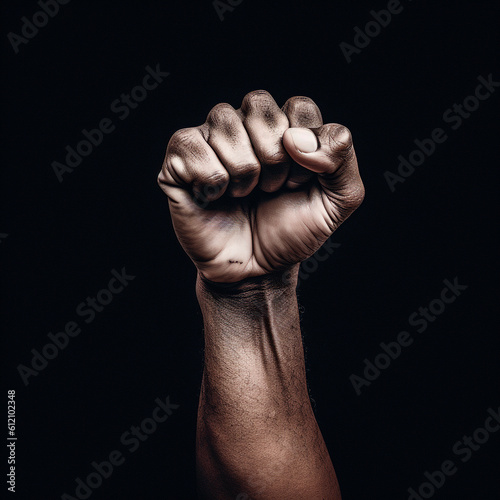 Photograph of a black fist with the vibrant colors of Brazil. With a symbolic and activist style, it represents unity and cultural diversity, Generative AI © israel