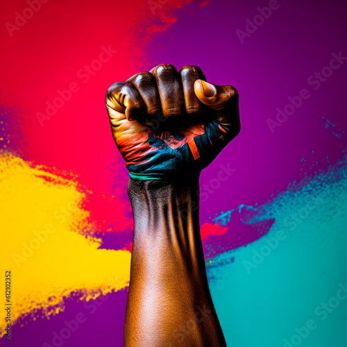Photograph of a black fist with the vibrant colors of Brazil. With a symbolic and activist style, it represents unity and cultural diversity, Generative AI