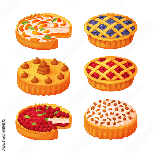 Baked Pie Made from Pastry Dough with Sweet Fruit Filling and Cream Vector Set