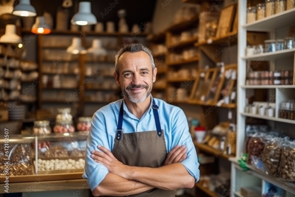 Portrait of confident chocolatier businessman standing in her shop arms crossed looking to camera. AI Generative Portrait of confident chocolatier businessman standing in her shop arms crossed looking to camera. AI Generative