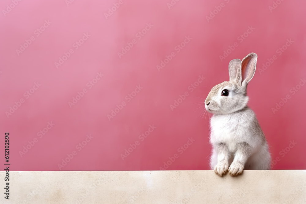 Bunny rabbit sitting in front of wall with copy space Generative AI Bunny rabbit sitting in front of wall with copy space Generative AI
