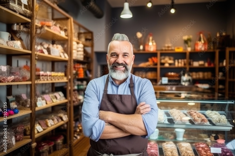 Portrait of confident chocolatier businessman standing in her shop arms crossed looking to camera. AI Generative Portrait of confident chocolatier businessman standing in her shop arms crossed looking to camera. AI Generative