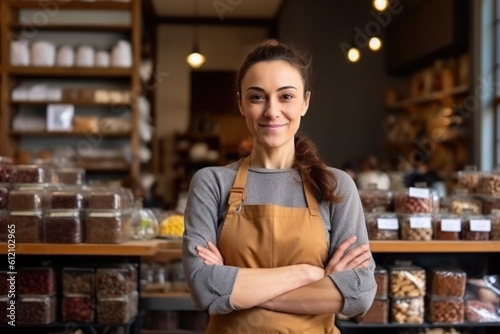 Portrait of confident chocolatier businesswoman standing in her shop arms crossed looking to camera. AI Generative