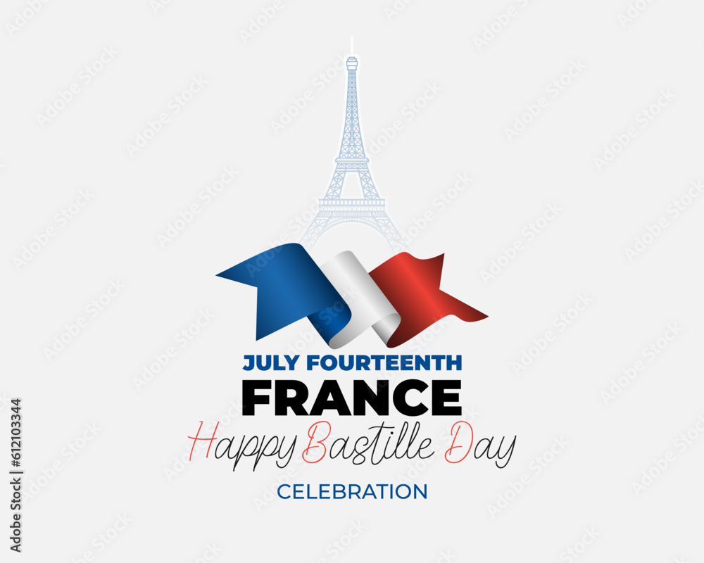 Obraz premium Holiday design, background with handwriting, Eiffel tower shape and national flag colors for Bastille day, France National holiday, celebration. Vector illustration