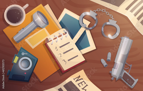 Detective workplace. Police officer equipment and spy tools exact vector cartoon conceptual background