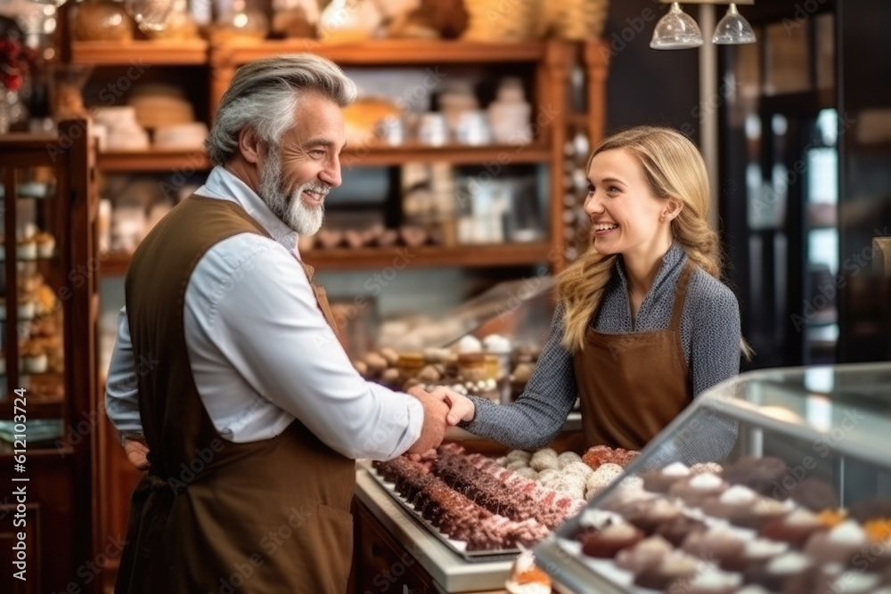 owner of confectioner shop talking to the client, AI Generative