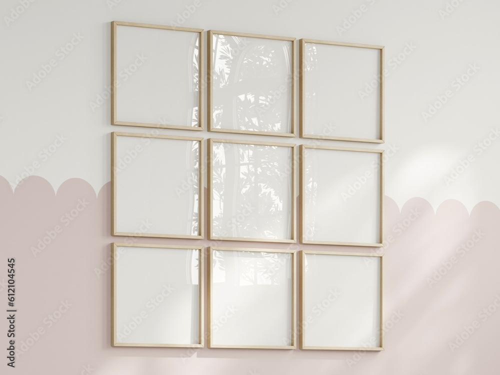 nine square frames on the wall, girl room interior frame mockup, print mockup, baby room mockup, kids room mockup, nursery interior frame mockup, gallery wall mockup, pink wall mockup, 3d render nine square frames on the wall, girl room interior frame mockup, print mockup, baby room mockup, kids room mockup, nursery interior frame mockup, gallery wall mockup, pink wall mockup, 3d render