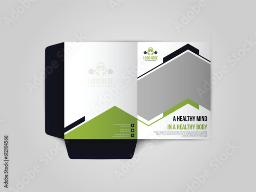 Fitness Gym Company Business folder for files, design. The layout is for posting information about the company, photo, text. Business Presentation Folder Template For Corporate Office