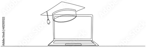 Graduation hat and laptop continuous line drawing. Education linear concept. Vector illustration isolated on white. 