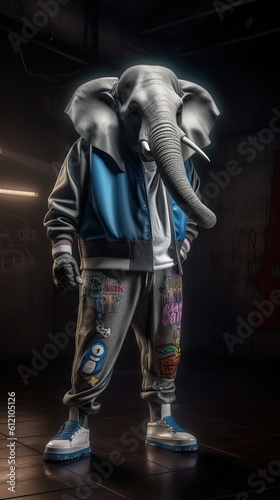  Hip Hop elephant portrait in dark room, Generative Ai