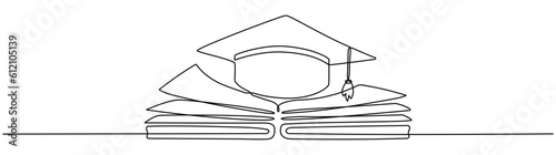 Graduation hat and open book continuous line drawing. Education linear concept. Vector illustration isolated on white. 