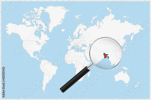 Magnifying glass showing a map of Bangladesh on a world map.