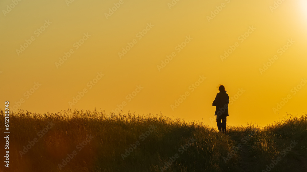 Silhouette of a running woman at sunset.