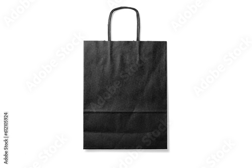 Black kraft paper shopping bag with handles isolated on a transparent background, PNG. High resolution. 