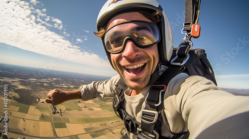 Young man parachutist smiling in free fall. Perfect concept of happiness and freedom. Generative AI